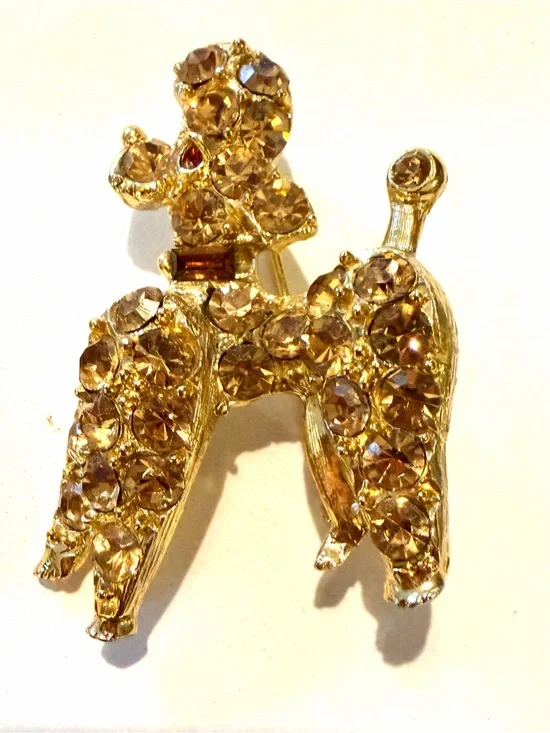 Poodle Gold-Tone Brooch with Amber Crystal Rhinestones