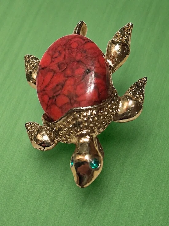 Vintage Turtle Brooch with Marbled Pink Stone and Emerald Eyes