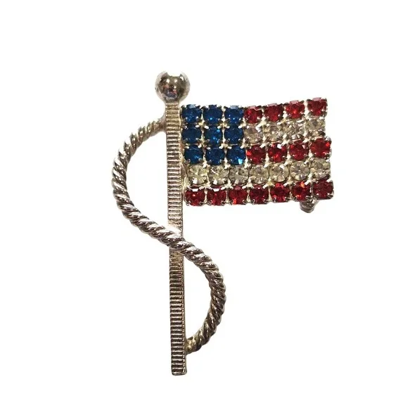 Vintage Rhinestone American Flag Brooch Silver Tone Patriotic USA Red White Blue