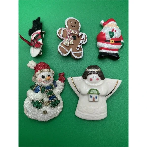 Lot of 5 Vintage Christmas Pins - 2 Snowmen,‎ Angel, Santa, Gingerbread Cookie
