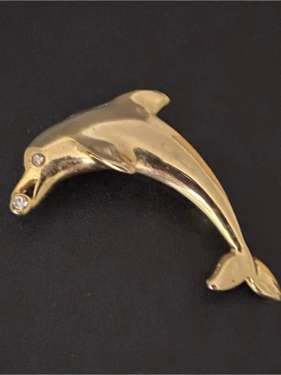 Gold Tone Dolphin Brooch Pin Clear Rhinestone Accents Unsigned