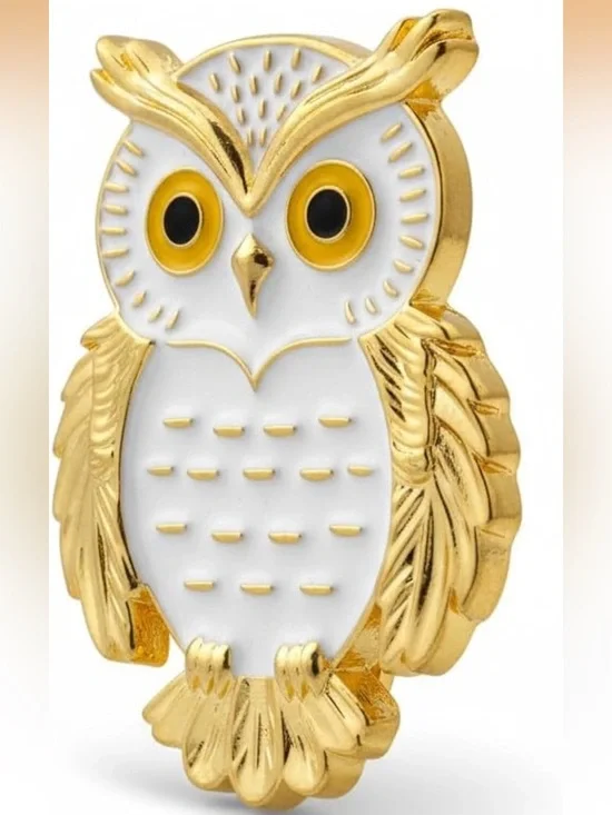 Gold and White Enamel Owl Brooch