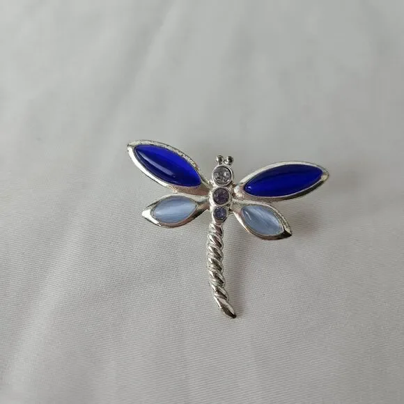 Vintage Dragonfly Brooch Pin/Pendant Silvertone Blue Stone Pearlized Wings