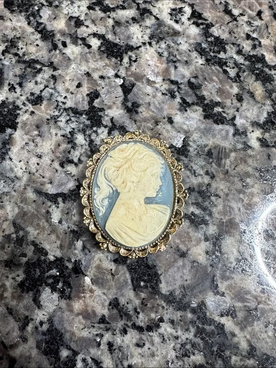 Vintage Cameo Brooch in Blue and Cream with Gold Frame