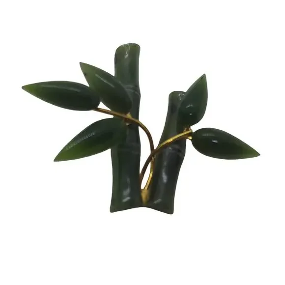 Vtg Carved Jade Bamboo Brooch Gold Tone