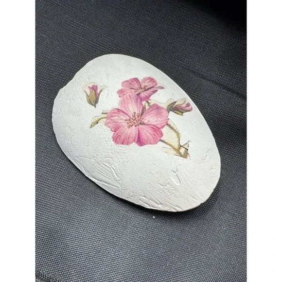 Pretty Floral Egg Shaped Chalk ware Or plaster Handmade Pin