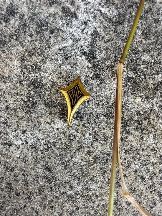 Gold Diamond-Shaped Enamel Pin with Black Logo