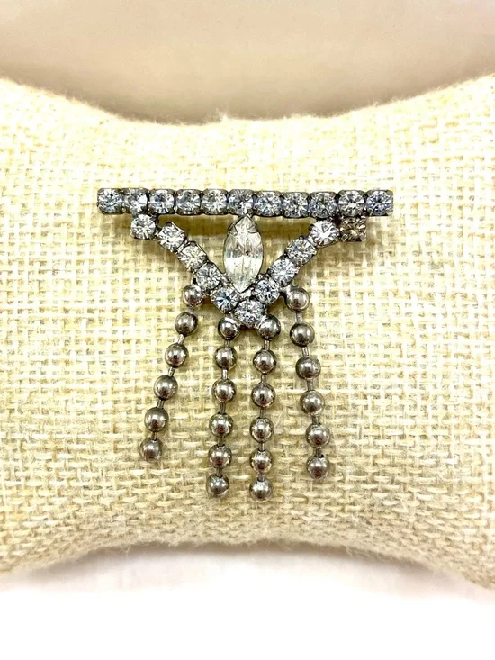Vintage Crystal Fringe Brooch Pin in Silver-Tone