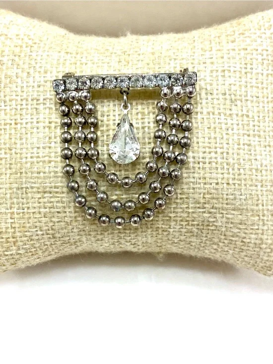 Vintage Silver-Tone Multi-Strand Teardrop Crystal Brooch