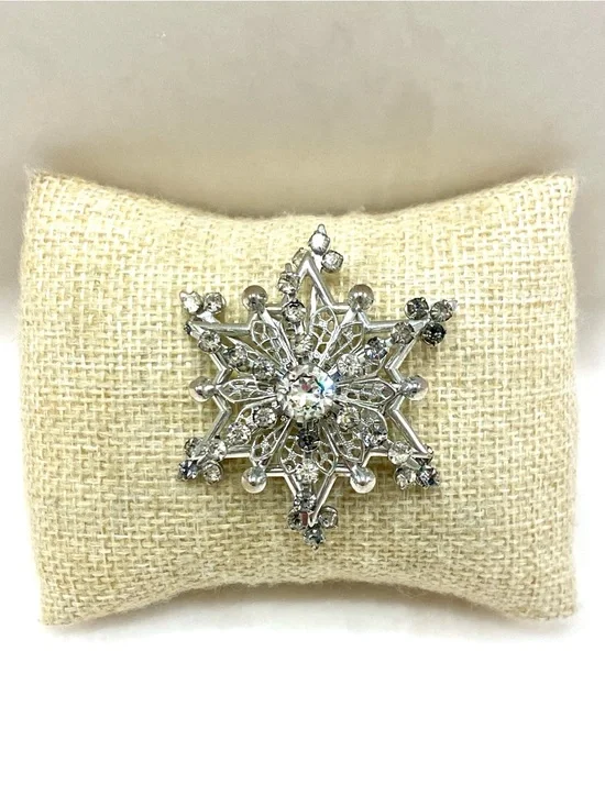 Crystal Snowflake Brooch Pin - Silver Crystal Accent