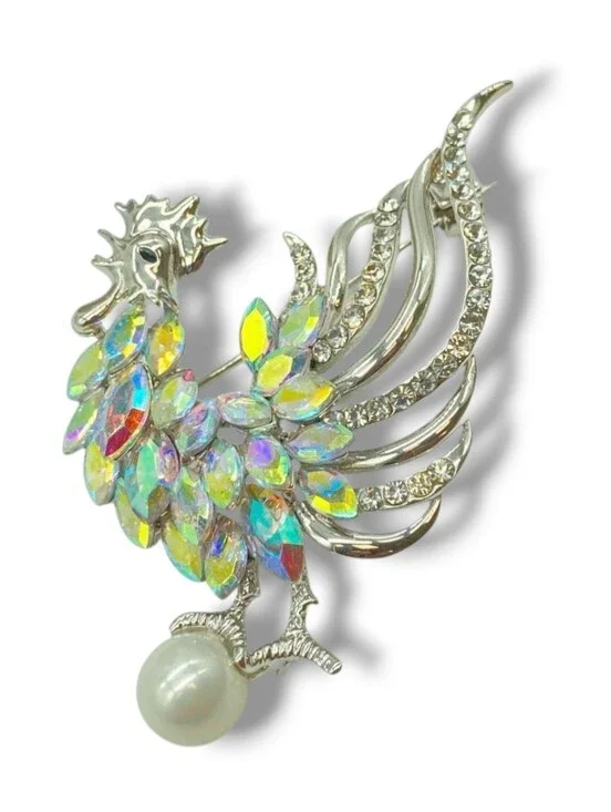 Vintage Signed Figural Rooster Brooch AB Rhinestone Pearl Belly Pin
