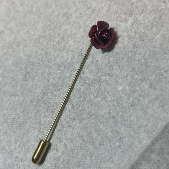 Vintage Stick Pin Red Rose Flower Gold Tone Lapel Hat Brooch Estate Jewelry 2.5