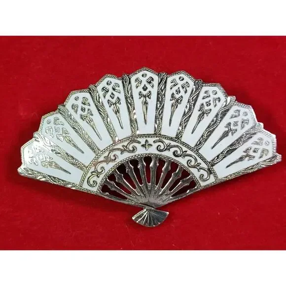 Vintage Rare Siam Goddess Sterling Silver Fan Brooch White Enamel