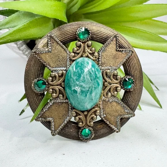 Vintage 70s Celtic Amazonite Stone Green Rhinestone Bronze Tone Regal Brooch Pin