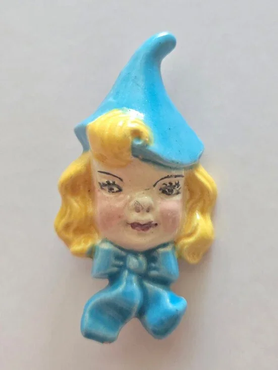 Vintage Ceramic Pixie Elf Brooch- Holland Mold- Kitsch Witch Girl Face