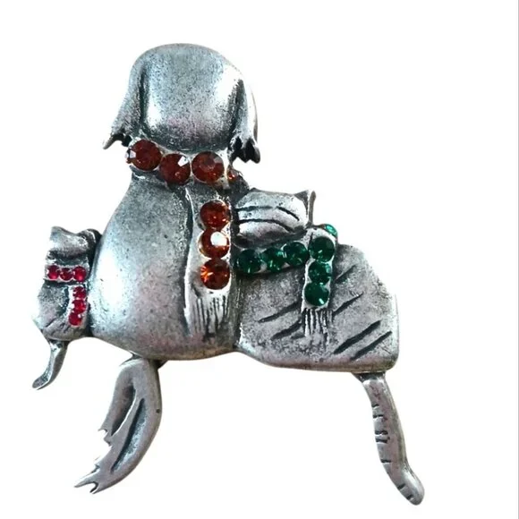 Vintage Brooch Crafted Pin Cat and Puppy Tail Friends Rhinestones Classic Pewter