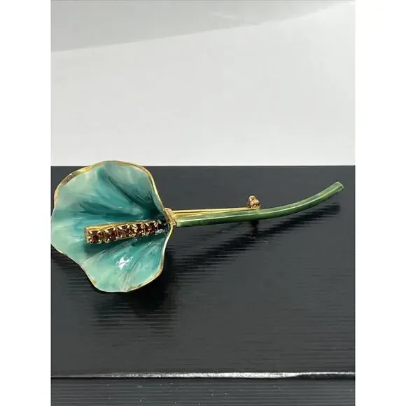 Sandor Vintage Brooch Gold Tone Enamel Green Blue Flower Amber Tone Rhinestone
