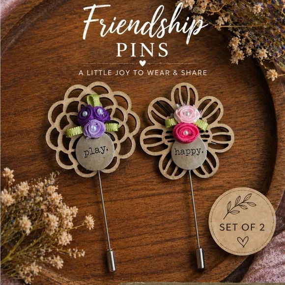 Artisan Friendship Pins Set Play Happy Shareable Gift Pair Floral