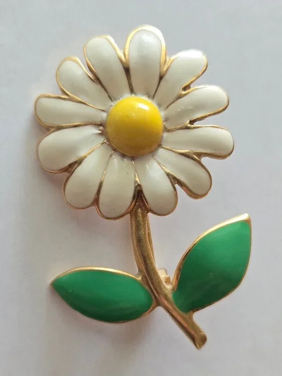 Vintage Mid Century Metal Enamel Flower Brooch White Daisy w/ Stem & Leaves
