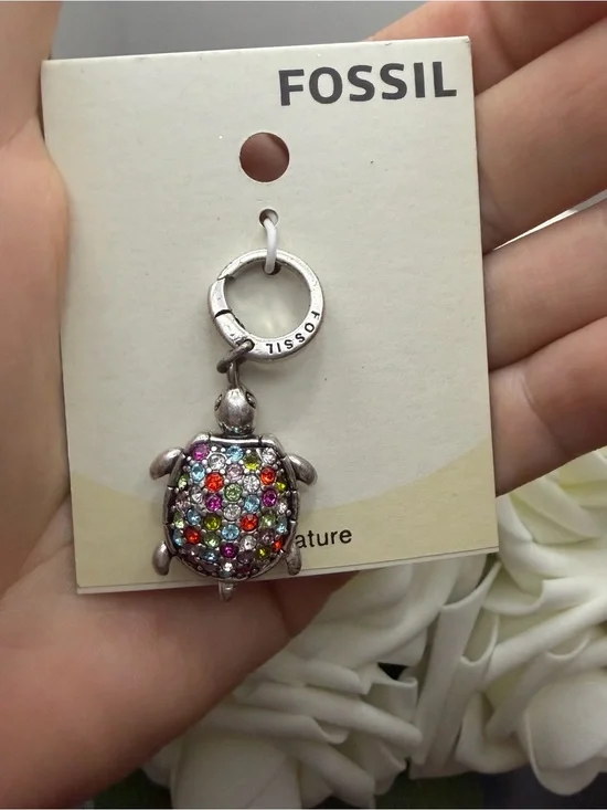 Fossil Silver Turtle Charm with Multicolor Crystals