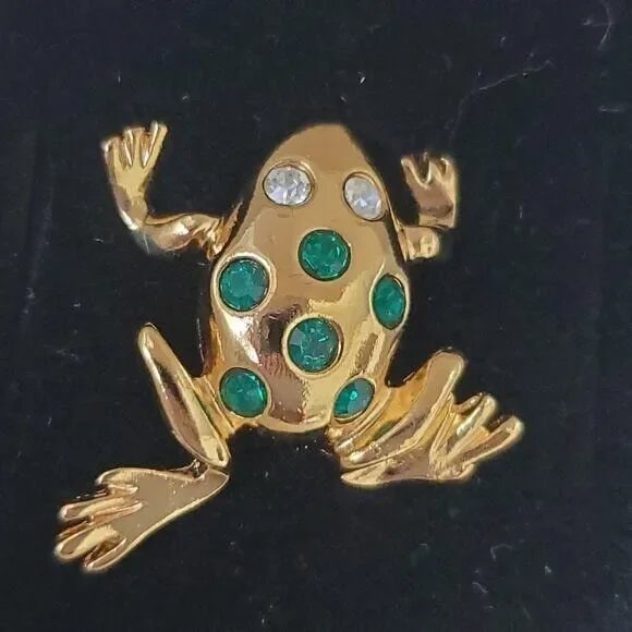 Avon gold tone frog brooch green rhinestones