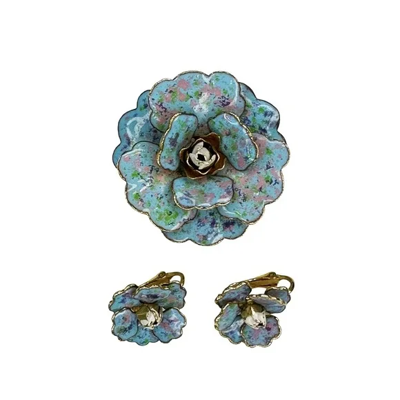 VINTAGE Enamel Flower Brooch & Clip-on Earrings Set • blue, pink, green