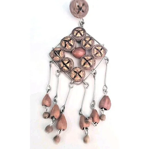 Vintage Black Walnut Shell Slice Brooch Pin Botanical Seed Boho Dangle Folk Art