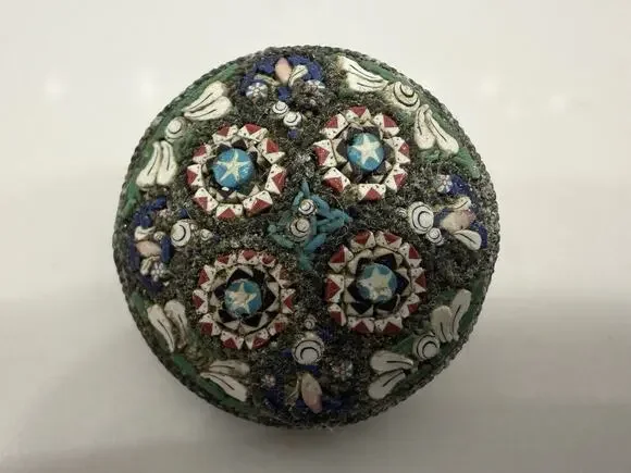 Antique Micro Mosaic Round Domed Brooch Floral Geometric Design Victorian Style
