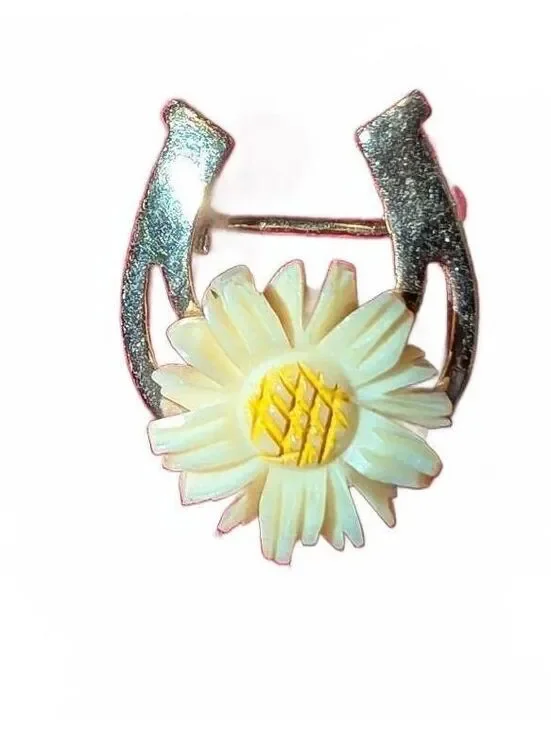 Vintage Daisy Flower and Horseshoe Brooch Pin