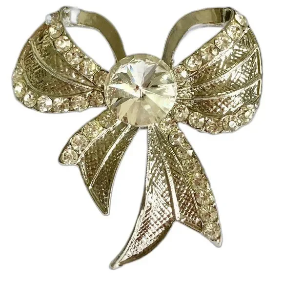 Vintage BIG Christmas Bow Brooch Pin Textured Finish Silver Tone Crystal X-Mas