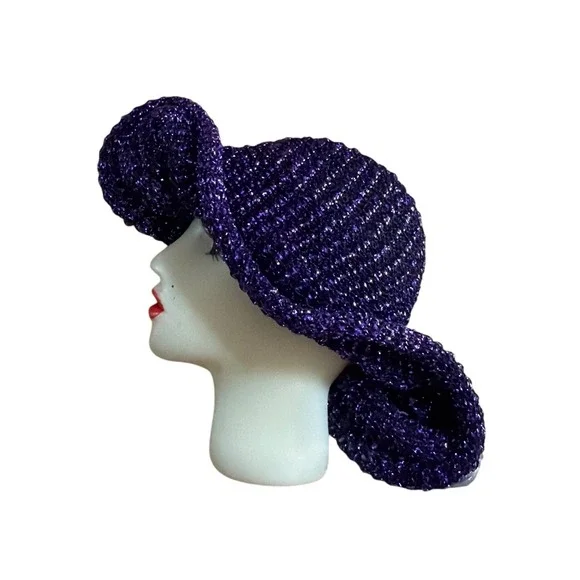 Vintage Style Lady Head Brooch Purple Glitter Hat Profile Pin Retro Glam