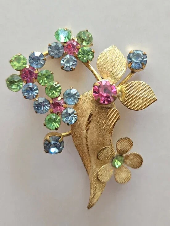 Vintage Flower Bouquet Brooch Multicolored Uranium Rhinestones Glows
