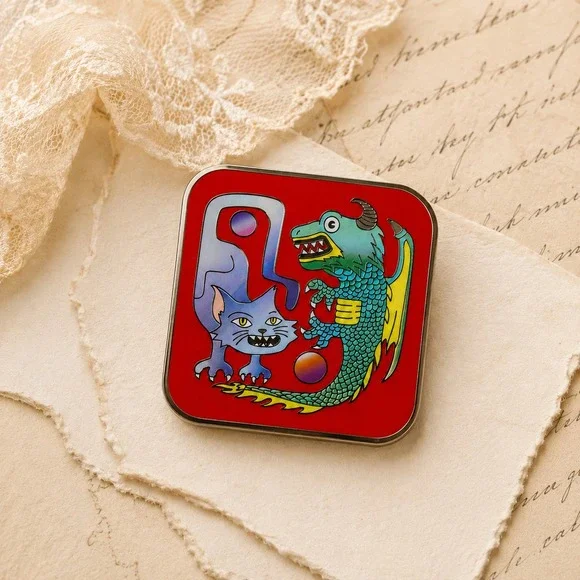 Kats And Dragons Lapel Pin Enamel Cat Dragon Graphic Fantasy Lapel Badge Red NWT