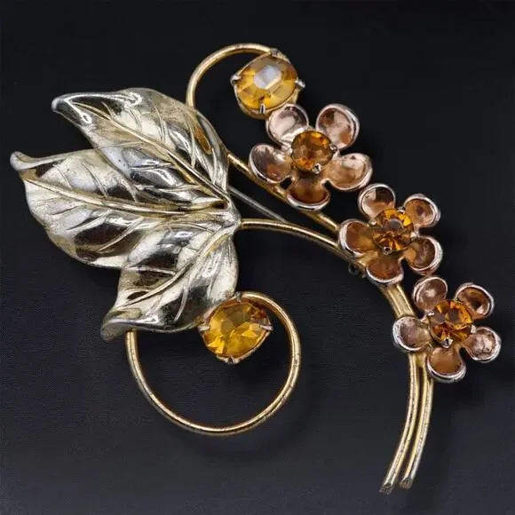 Vintage Sterling Silver Vermeil Flower Floral Spray Brooch‎ Rhinestone Pin 3