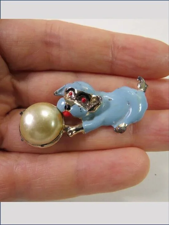 Vintage Mid Century Blue Enamel Dog Faux Pearl Ball Brooch Pin Whimsical Novelty