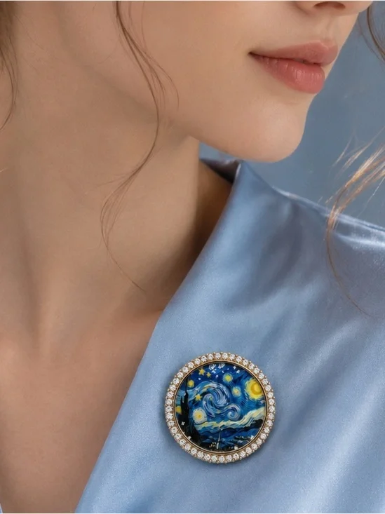 Vincent van Gogh Starry Night Crystal Round Brooch