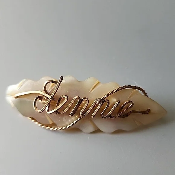 Vintage Handcrafted JENNIE NAME brooch Leaf Shell
