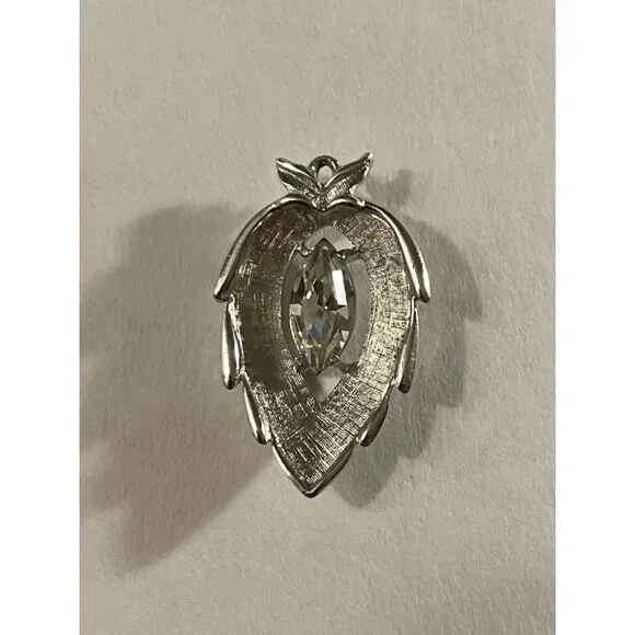 Vintage 1963 Sarah Coventry Crystal Navette Silver Tone Leaf Slide Pendant