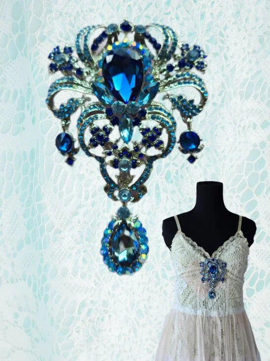 Bejewelled Blue Crystal Ornate Brooch Romantic Victorian Style