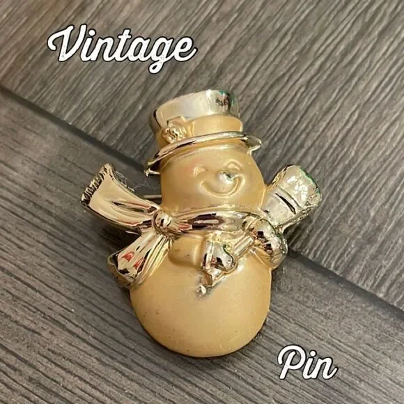 Vintage Matte & Shiny Gold-tone Colored Snowman Pin Holiday Brooch Christmas Pin