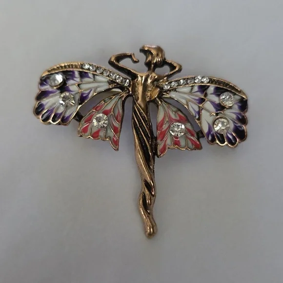 Fairy Brooch Beautiful WINGS Antique Gold Enamel Colors Necklace Combo