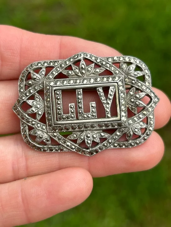 Vintage sterling LLY initials marcasites brooch