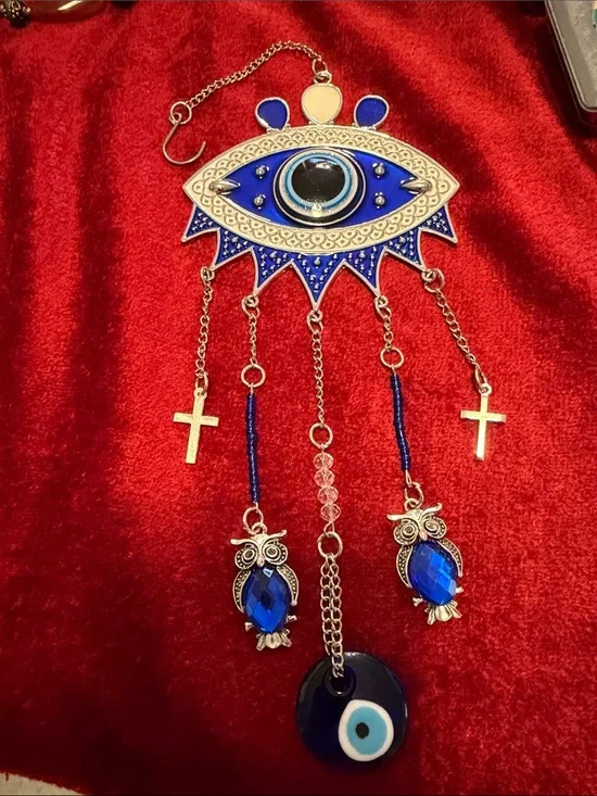 NEW Blue Evil Eye and Owl Charm Hanging protector  11” hang by your window