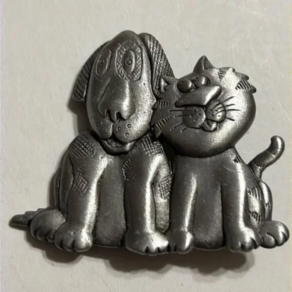 Vintage J.J. Pewter Dog and Cat Brooch