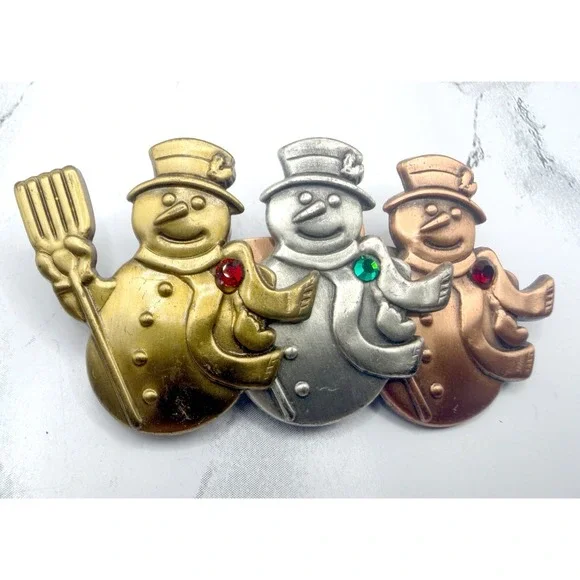 3 Snowmen Christmas Brooch Gold Silver Copper Tone Rhinestone Snowman Jewelry