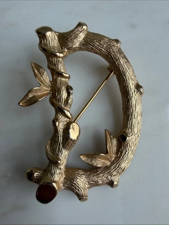 Vintage Sarah Coventry Monogram “D” Gold Branch & Leaf Brooch- Whimsical