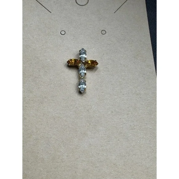 Gold Tone Cross With Amber And CZ Lapel Pin