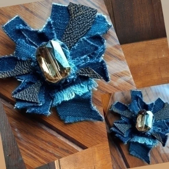 Tasty Raw Edge Denim Coco Gem Badge Brooch