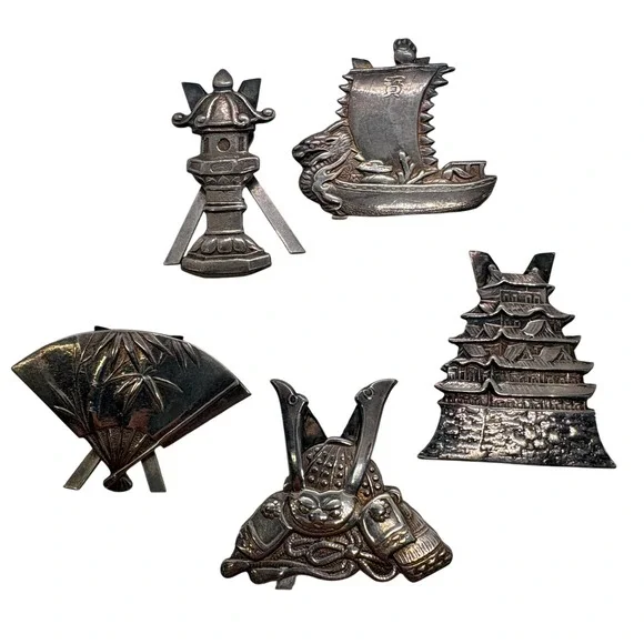 Vintage 950 Silver Japan Scarf Clip Set Dragon Boat Pagoda Samurai Fan 16.38g
