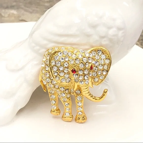 Gold Elephant Red Eyes Rhinestone Lapel Pin Brooch